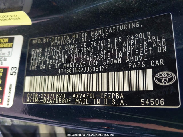4T1B61HK2JU506177 Toyota CAMRY XSE