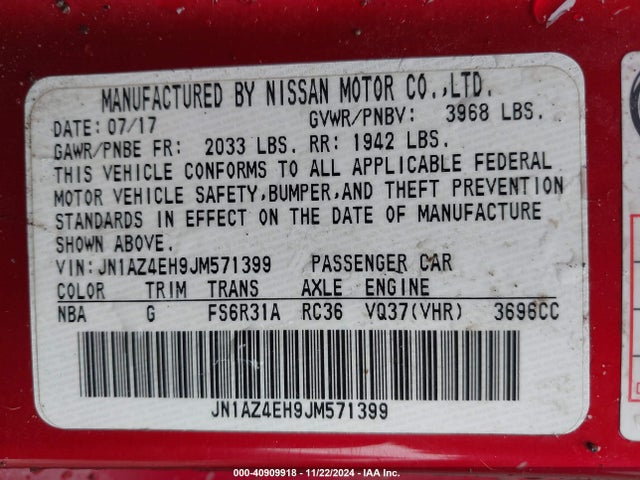 JN1AZ4EH9JM571399 Nissan 370z Sport