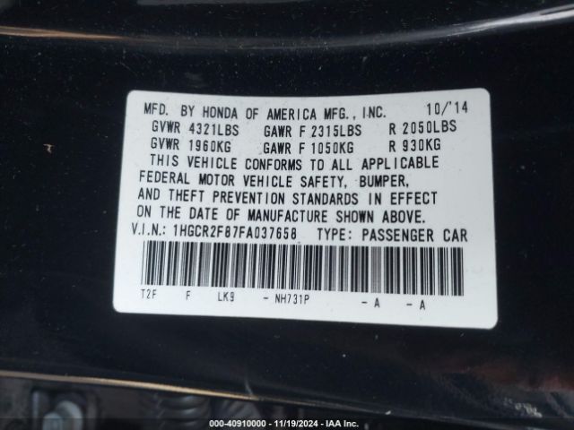 1HGCR2F87FA037658 Honda Accord Ex-l