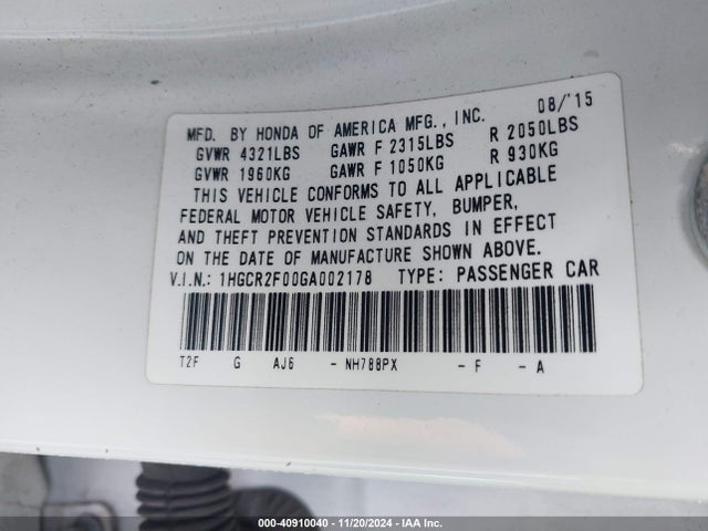 Honda ACCORD EX 2016 1HGCR2F00GA002178 Image 9