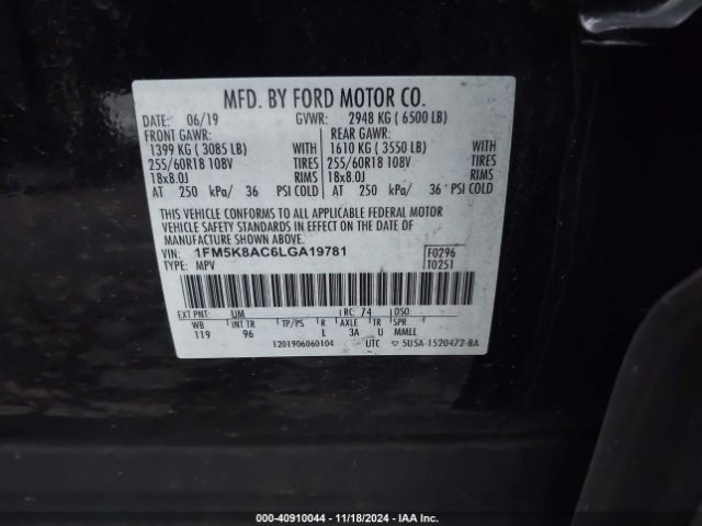 1FM5K8AC6LGA19781 Ford Police Interceptor Utility