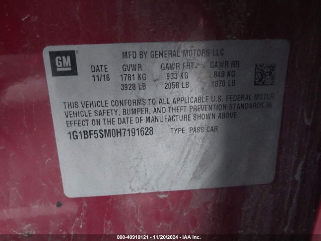 1G1BF5SM0H7191628 Chevrolet Cruze Premier Auto