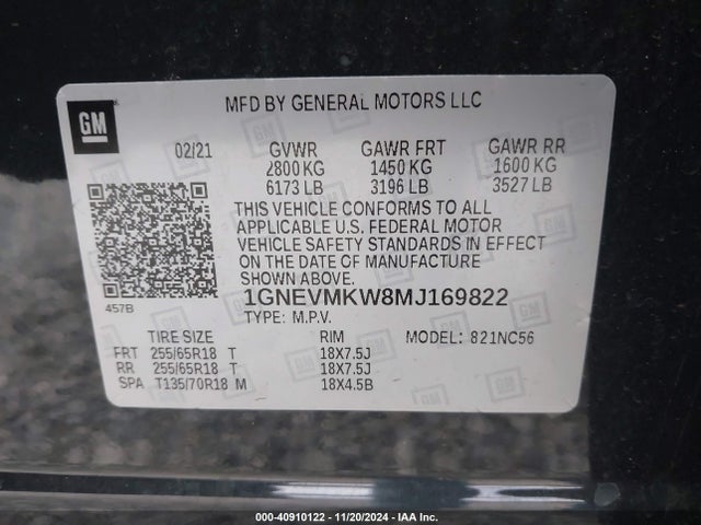 Chevrolet Traverse Awd 2fl 2021 1GNEVMKW8MJ169822 Image 9