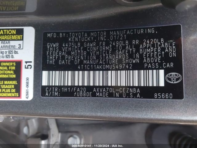 4T1C11AK0MU549742 Toyota CAMRY LE