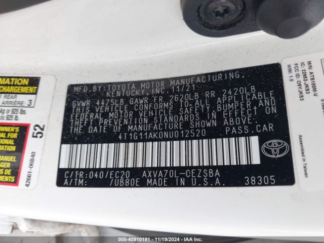 4T1G11AK0NU012520 Toyota Camry Se Nightshade Edition