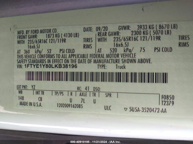 2020 FORD TRANSIT-150 CARGO VAN 1FTYE1Y80LKB38196 Photo 8