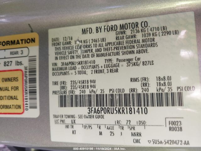3FA6P0RU5KR181410 Ford Fusion Hybrid Titanium