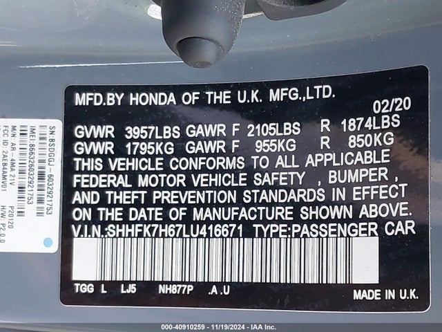 Honda CIVIC EX 2020 SHHFK7H67LU416671 Image 9