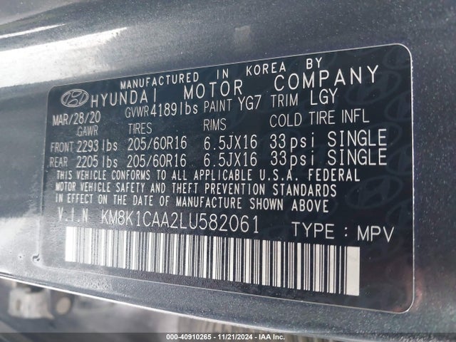 Hyundai Kona Se 2020 KM8K1CAA2LU582061 Image 9