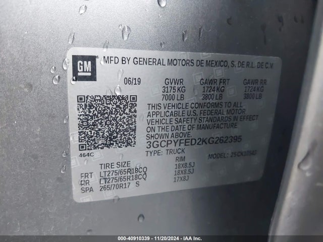 3GCPYFED2KG262395 Chevrolet Silverado 1500 Lt Trail Boss