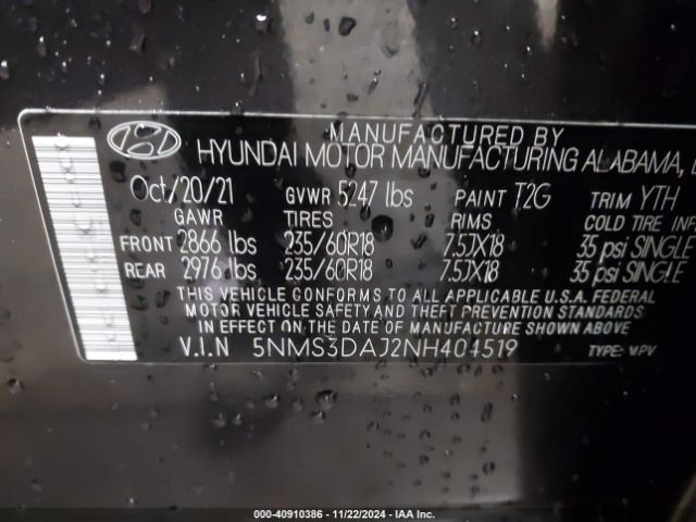 5NMS3DAJ2NH404519 Hyundai Santa Fe Sel