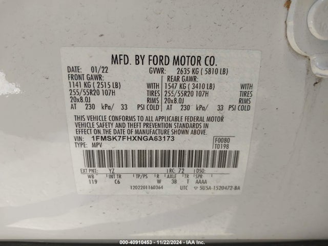 Ford Explorer Limited 2022 1FMSK7FHXNGA63173 Image 9