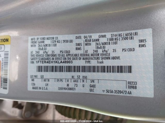 1FTER4EH1KLA48903 Ford Ranger Xlt