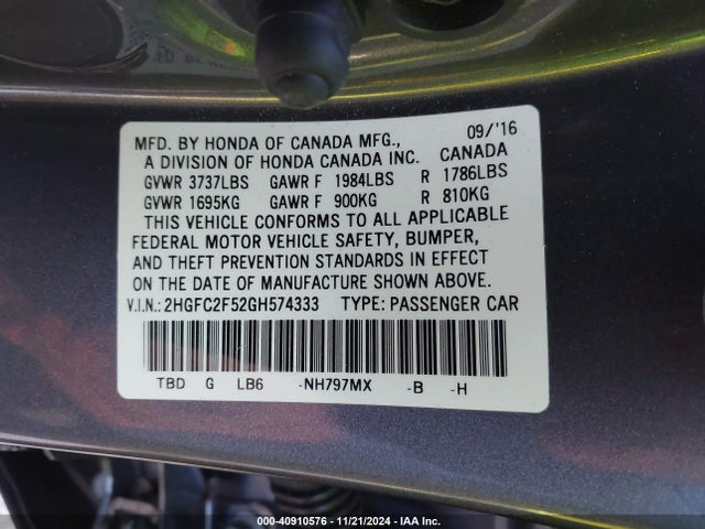 Honda Civic Lx 2016 2HGFC2F52GH574333 Image 9