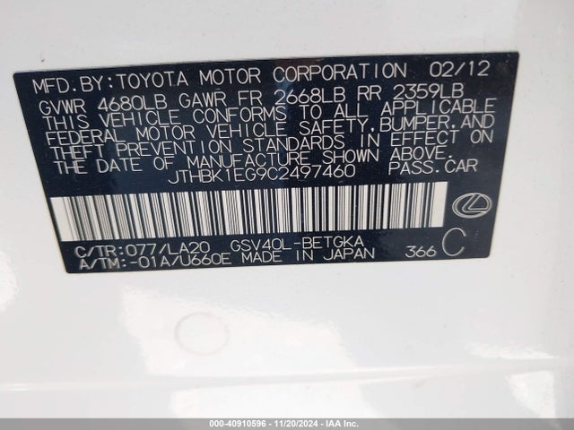 40910596 :رقم المزاد ، JTHBK1EG9C2497460 vin ، 2012 Lexus Es 350 مزاد بيع