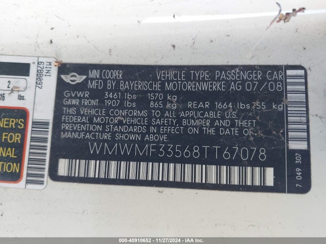 2008 MINI COOPER WMWMF33568TT67078 Photo 8