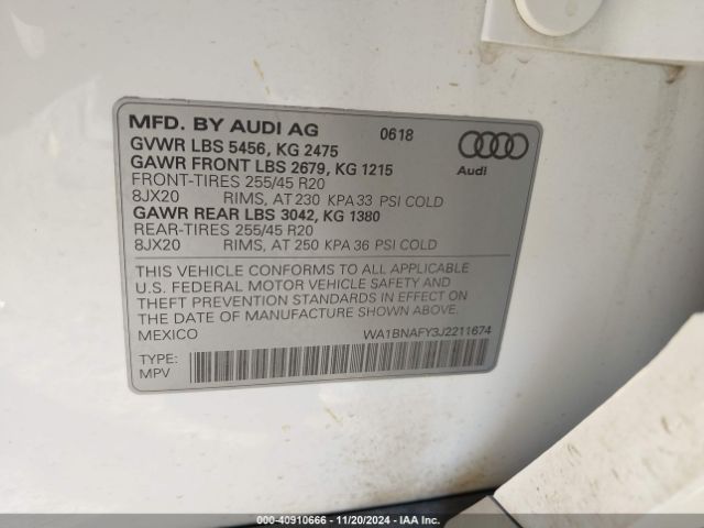 WA1BNAFY3J2211674 Audi Q5 2.0t Premium/2.0t Tech Premium