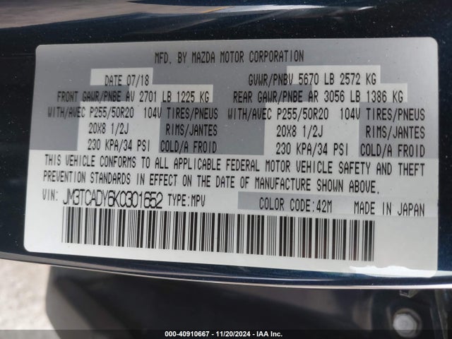 JM3TCADY6K0301652 Mazda Cx-9 Grand Touring