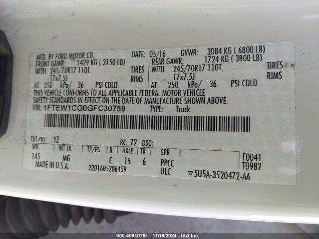 40910751 :رقم المزاد ، 1FTEW1CG0GFC30759 vin ، 2016 Ford F-150 Xlt مزاد بيع