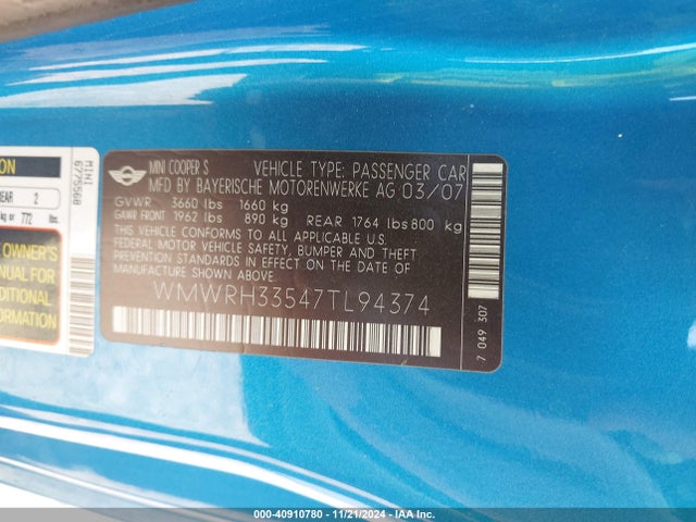 2007 MINI COOPER S WMWRH33547TL94374 Photo 8