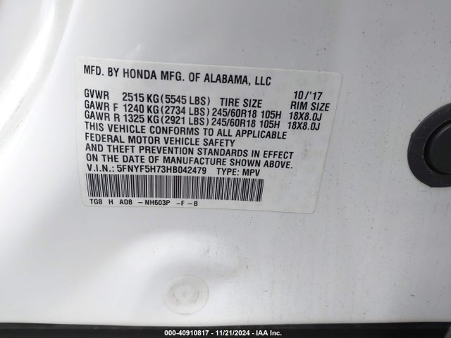 Honda Pilot Ex-l 2017 5FNYF5H73HB042479 Image 9