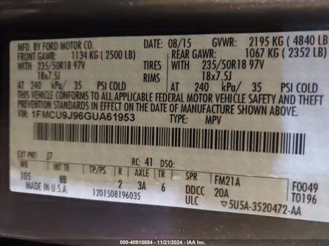 Ford Escape Titanium 2016 1FMCU9J96GUA61953 Image 9