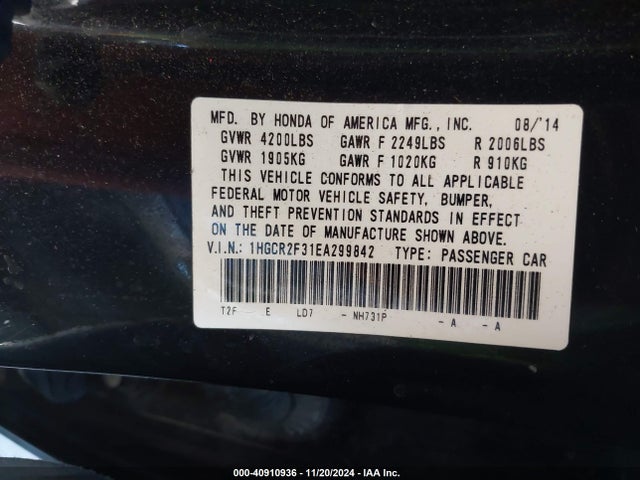 Honda ACCORD LX 2014 1HGCR2F31EA299842 Image 9