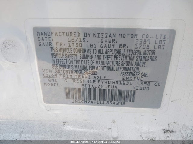 Nissan Versa 1.6 S 2016 3N1CN7AP0GL854392 Image 9