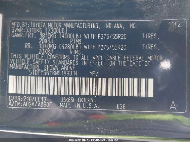 5TDFY5B18NS189314 Toyota Sequoia Limited