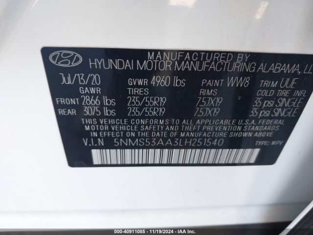 5NMS53AA3LH251540 Hyundai Santa Fe Limited