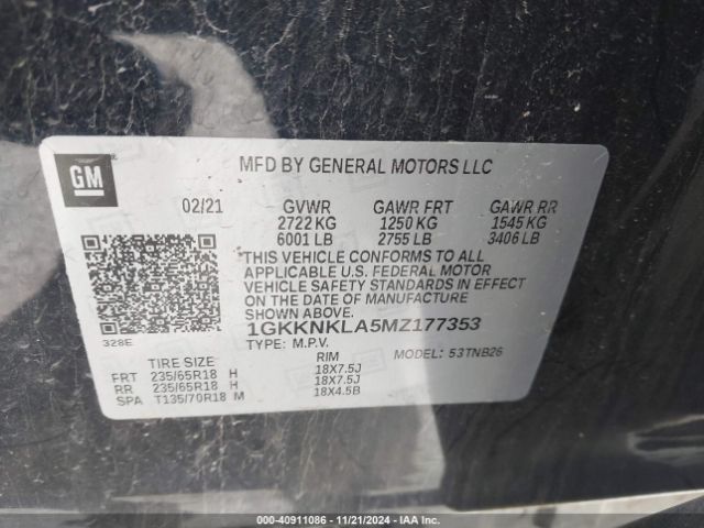 1GKKNKLA5MZ177353 GMC Acadia Fwd Sle