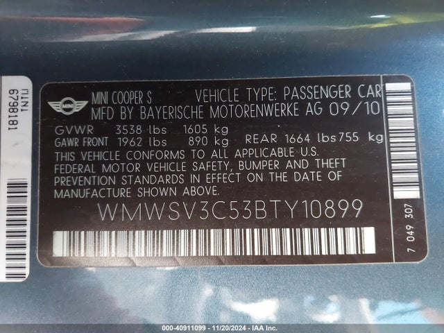 2011 MINI COOPER S WMWSV3C53BTY10899 Photo 8
