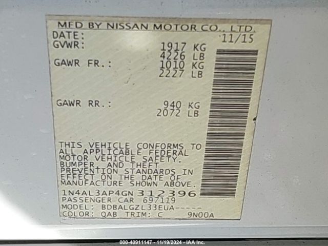 1N4AL3AP4GN312396 Nissan Altima 2.5/2.5 S/2.5 Sl/2.5 Sr/2.5 Sv