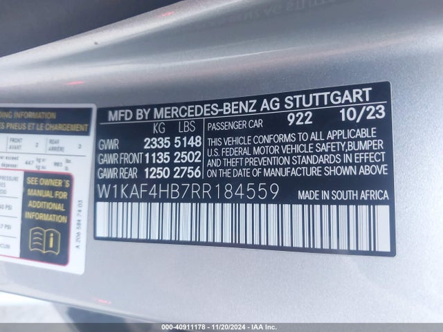Aukcja sprzedaży 2024 Mercedes-benz C 300, vin: W1KAF4HB7RR184559, numer aukcji: 40911178