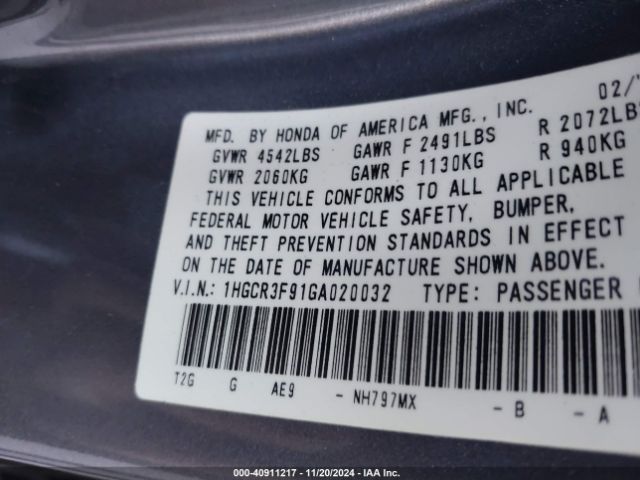 1HGCR3F91GA020032 Honda Accord Touring