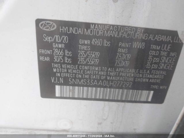 5NMS33AA0LH277292 Hyundai Santa Fe Sel 2.0t