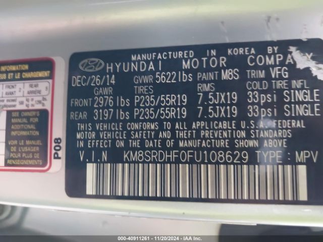 KM8SRDHF0FU108629 Hyundai Santa Fe Gls