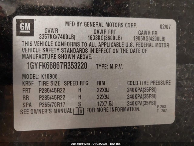 2007 CADILLAC ESCALADE ESV 1GYFK66867R353220 Photo 8