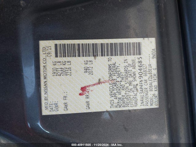 Nissan Altima 2.5 S 2015 1N4AL3AP4FN904685 Image 9