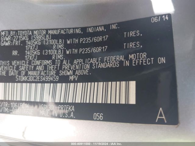 5TDKK3DC2ES499459 Toyota Sienna Le V6 8 Passenger