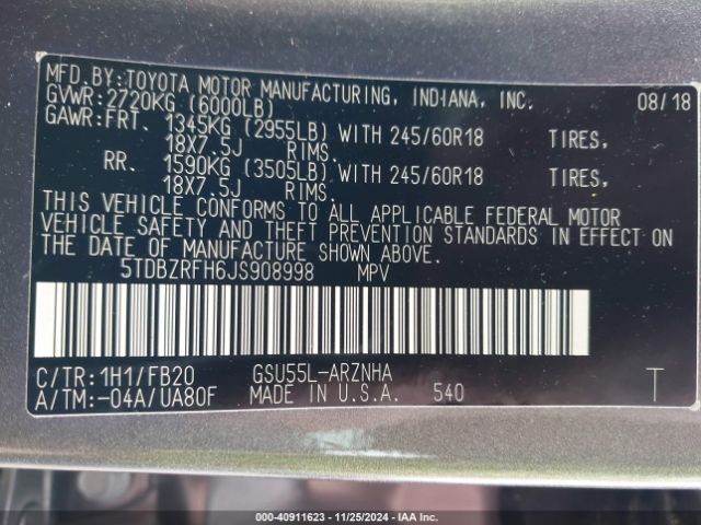 5TDBZRFH6JS908998 Toyota Highlander Le