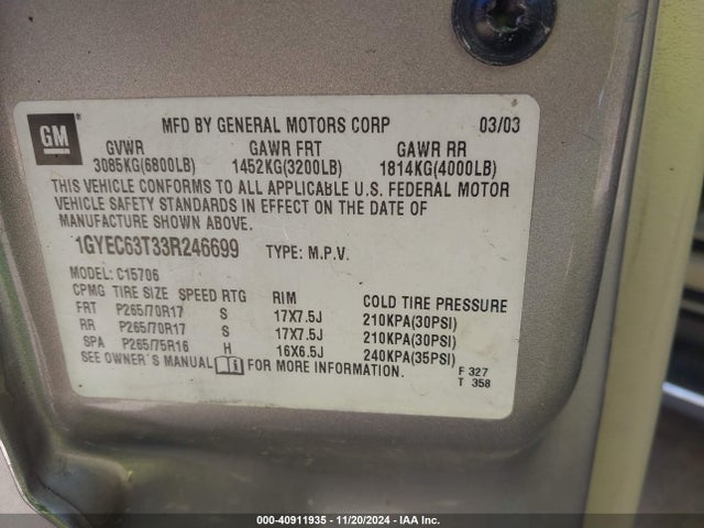 2003 CADILLAC ESCALADE 1GYEC63T33R246699 Photo 8