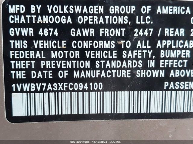 1VWBV7A3XFC094100 Volkswagen Passat 2.0l Tdi Se