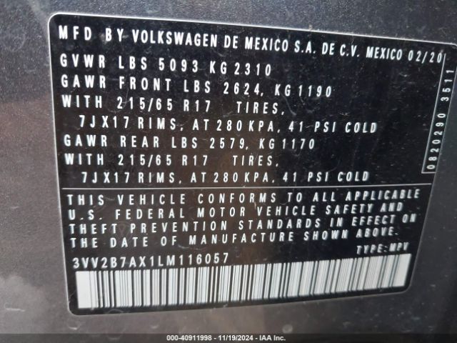 3VV2B7AX1LM116057 Volkswagen Tiguan 2.0t Se/2.0t Se R-line Black/2.0t Sel