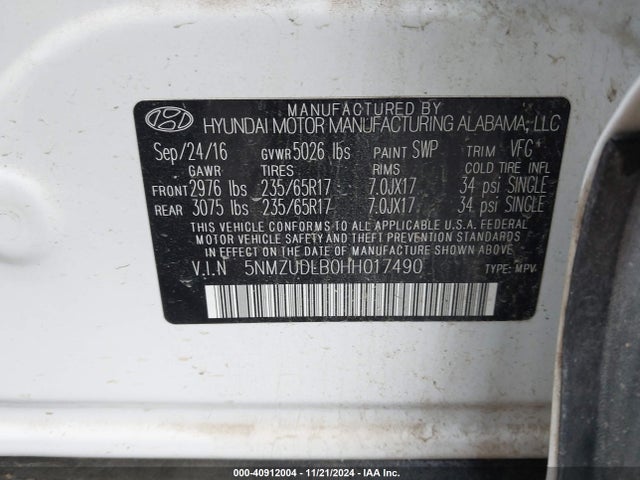 5NMZUDLB0HH017490 Hyundai Santa Fe Sport 2.4l