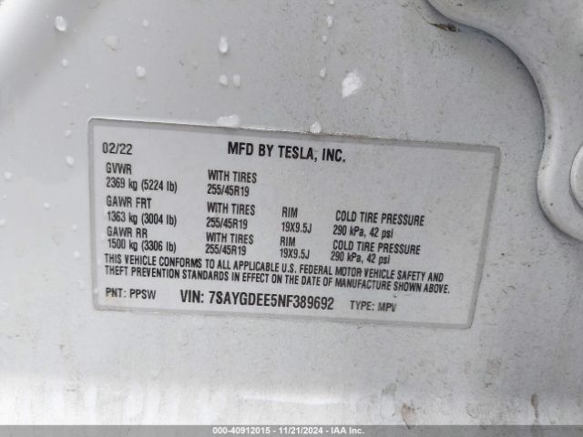 7SAYGDEE5NF389692 Tesla Model Y Long Range Dual Motor All-wheel Drive