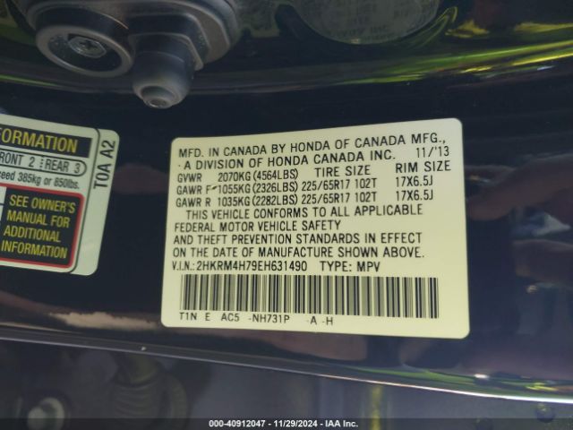 2HKRM4H79EH631490 Honda Cr-v Ex-l
