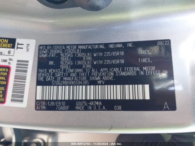 5TDGZRBHXNS594385 Toyota Highlander Xle