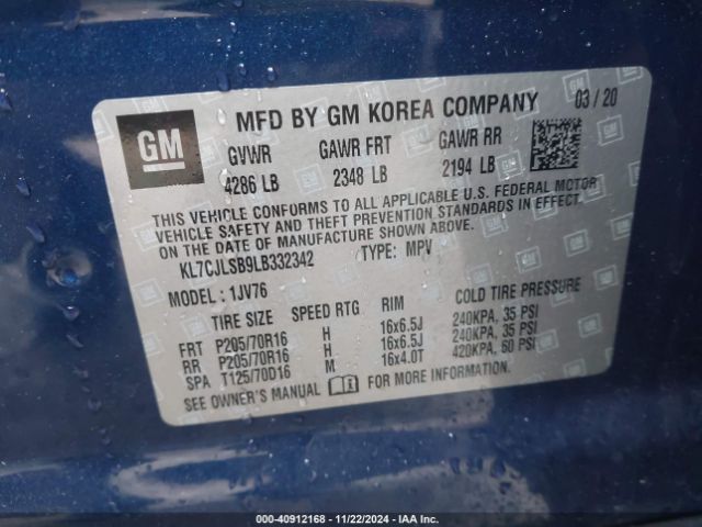 KL7CJLSB9LB332342 Chevrolet Trax Fwd Lt