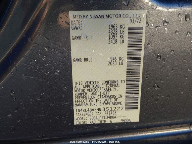 1N4BL4BV5NN351227 Nissan Altima S Fwd